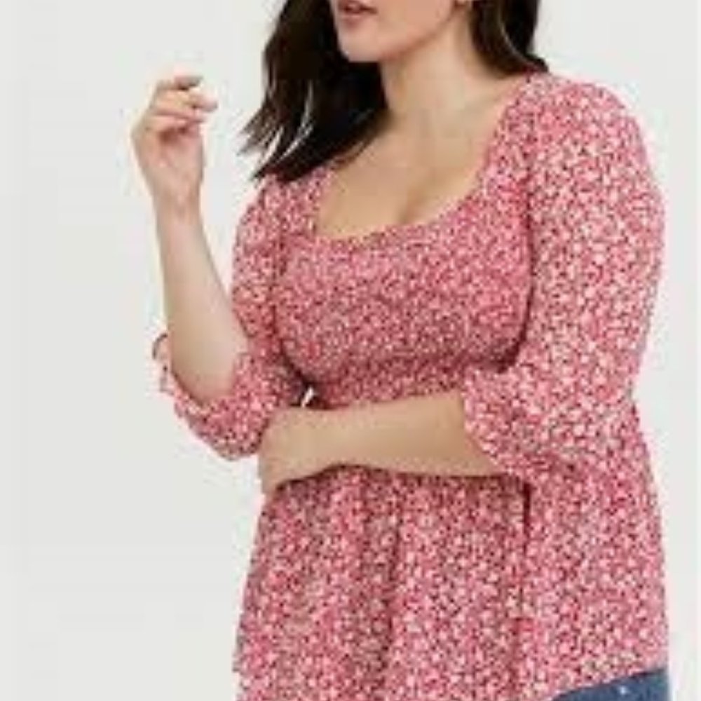 FUCHSIA PINK FLORAL CHIFFON SMOCKED BABYDOLL BLOUSE